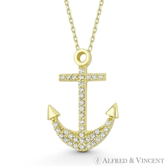 Nautical Anchor Charm CZ Crystal Pendant in .925 Sterling Silver w/ 14k YGold - Picture 1 of 1